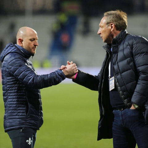 Lilien-Trainer Torsten Lieberknecht und Darmstadt-Präsident Rüdiger Fritsch hoffen auf eine Sensation.