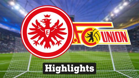 Im Hintergrund sieht man ein Fussballstadion, davor links das Logo von Eintracht Frankfurt und rechts das Logo vom 1. FC Union Berlin