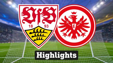 Im Hintergrund sieht man ein Fussballstadion, davor links das Logo vom VfB Stuttgart und rechts das Logo der Eintracht Frankfurt